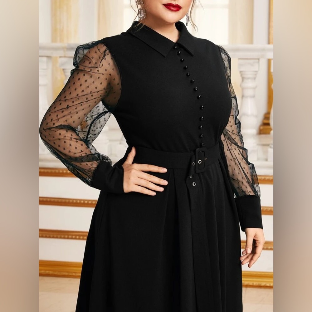 SHEIN Modely Plus Dobby Mesh Sleeve Buckle Belted Dress